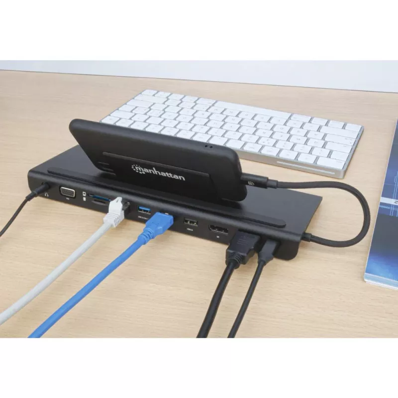Manhattan USB-C Dock/Hub with Card Reader and MST, Ports (x9): Audio 3.5mm, DisplayPort, Ethernet, HDMI, USB-A (x3), USB-C and VGA, With Power Delivery (100W) to USB-C Port (Note add USB-C wall charger and USB-C cable needed),All Ports can be used at the same time
