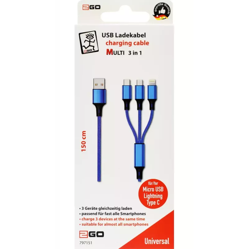 USB Cable 2GO 797151 1.5m USB B USB C/Micro-USB B/Lightning Black Blue