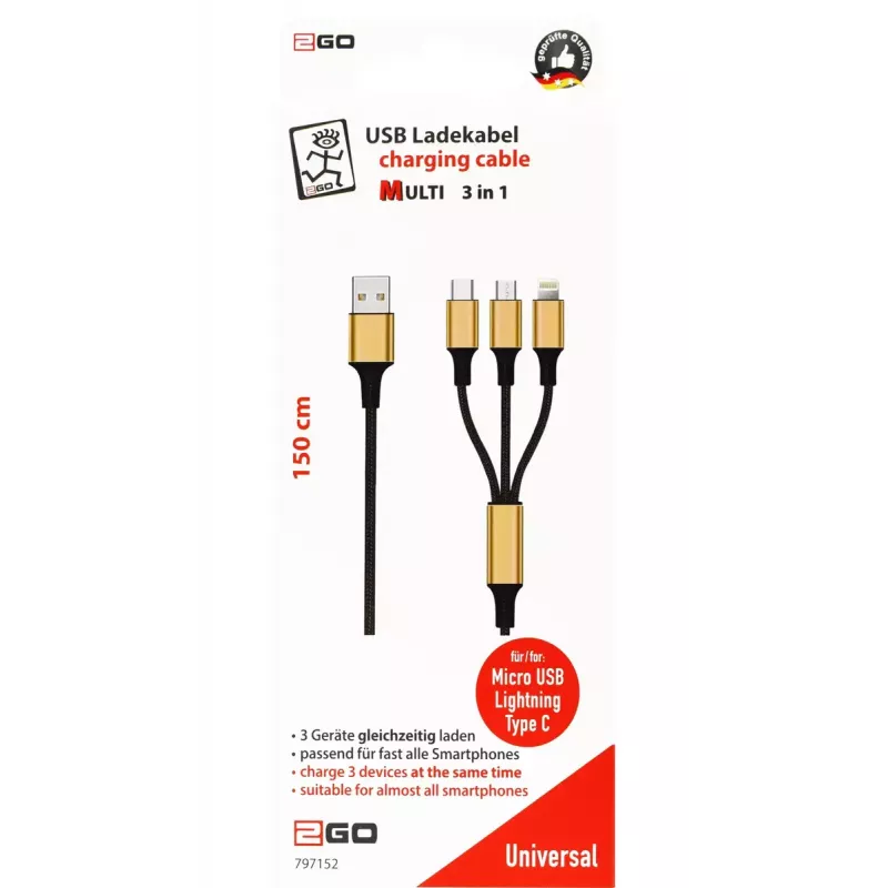 USB Cable 2GO 797152 3m USB B USB C/Micro-USB B/Lightning Black Gold