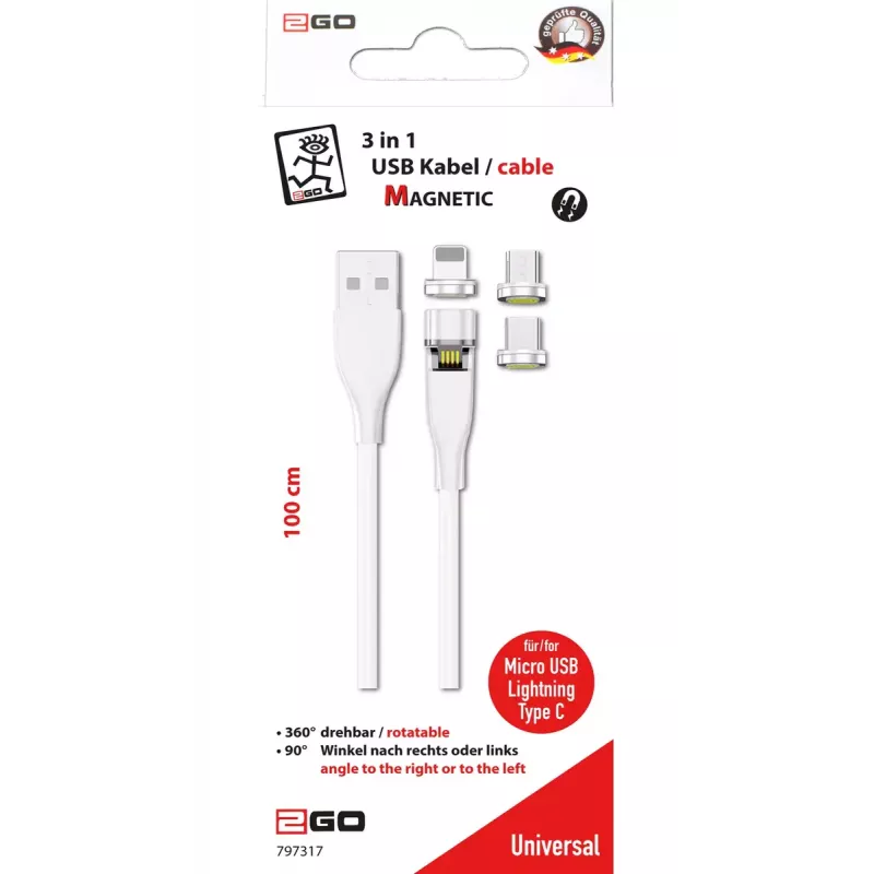 USB cable 2GO 797317 1m USB B USB C/Micro-USB B/Lightning White