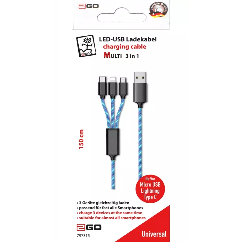 USB cable 2GO 797315 1.5m USB B USB C/Micro-USB B/Lightning Black Blue