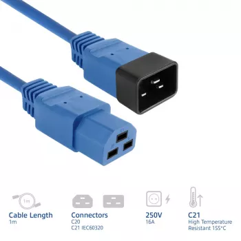 Power cord ACT C20–C21 IEC60320 blue 1 m, 250 V, 16 A