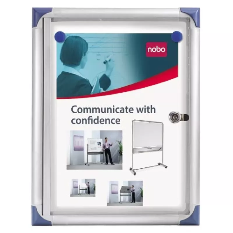Nobo Extra Flat Magnetic Lockable Noticeboard 1XA4, White, Aluminium, 1 x A4, Sliding, Glass, 821 g