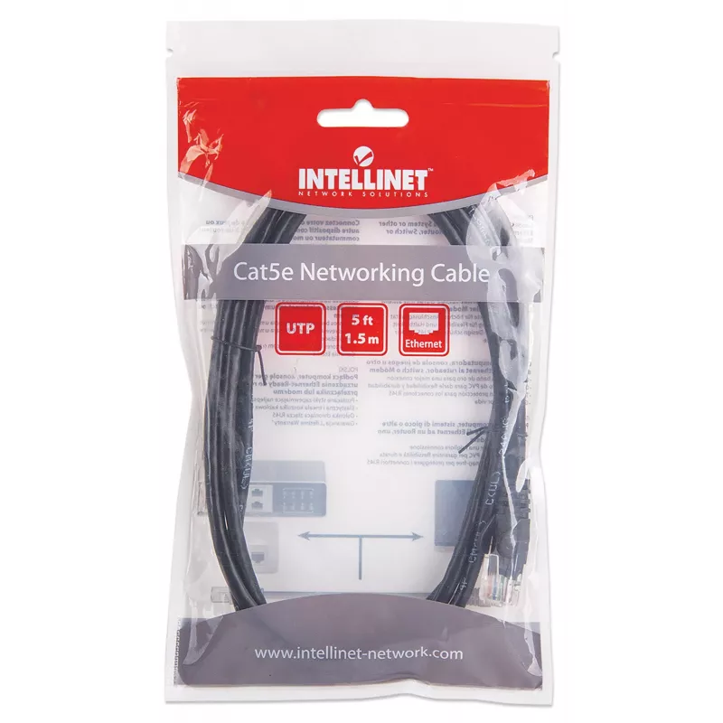 Intellinet Network Patch Cable, Cat5e, 1.5m, Black, CCA, U/UTP, PVC, RJ45, Gold Plated Contacts, Snagless, Booted, Lifetime Warranty
