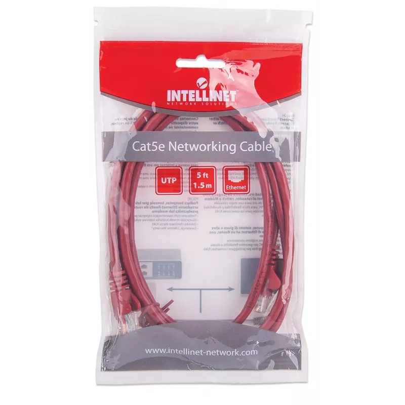 Intellinet Network Patch Cable, Cat5e, 1.5m, Red, CCA, U/UTP, PVC, RJ45, Gold Plated Contacts, Snagless, Booted, Lifetime Warranty