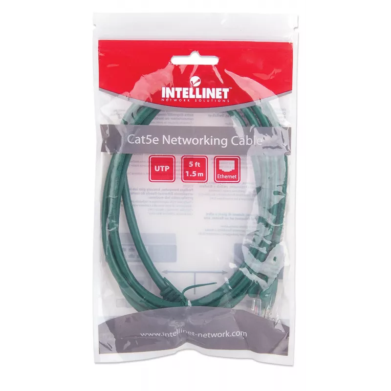 Intellinet Network Patch Cable, Cat5e, 1.5m, Green, CCA, U/UTP, PVC, RJ45, Gold Plated Contacts, Snagless, Booted, Lifetime Warranty