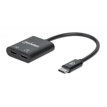 Manhattan USB-C to USB-C Audio Adapter and USB-C (inc Power Delivery), Black, 480 Mbps (USB 2.0), Cable 11cm, With Power Delivery to USB-C Port (60W), Three Year Warranty