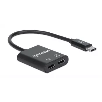 Manhattan USB-C to USB-C Audio Adapter and USB-C (inc Power Delivery), Black, 480 Mbps (USB 2.0), Cable 11cm, With Power Delivery to USB-C Port (60W), Three Year Warranty
