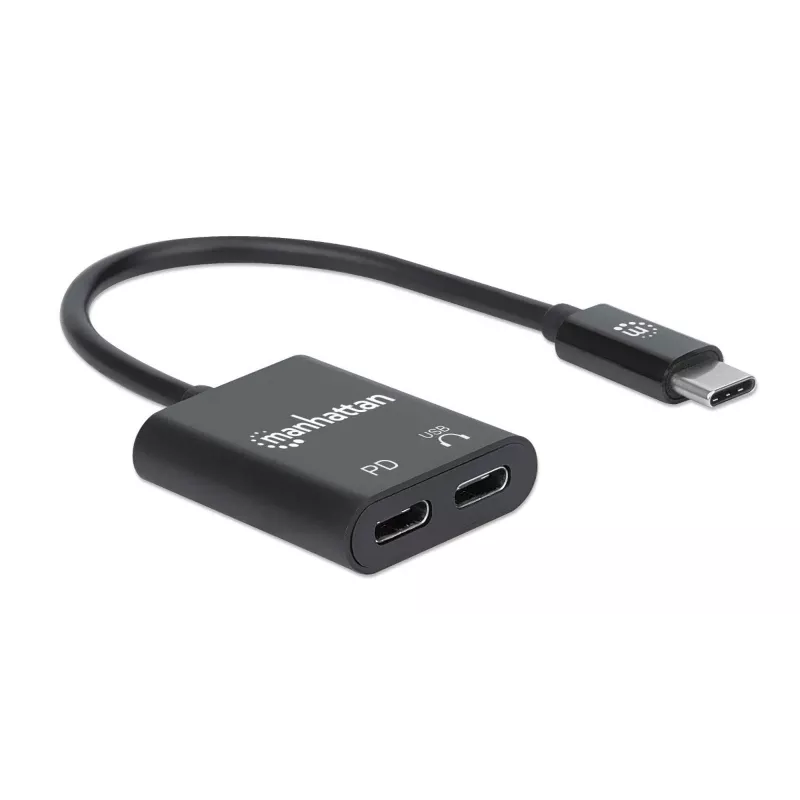Manhattan USB-C to USB-C Audio Adapter and USB-C (inc Power Delivery), Black, 480 Mbps (USB 2.0), Cable 11cm, With Power Delivery to USB-C Port (60W), Three Year Warranty