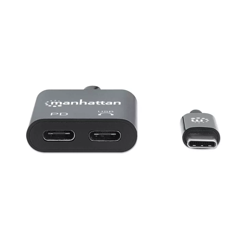 Manhattan USB-C to USB-C Audio Adapter and USB-C (inc Power Delivery), Black, 480 Mbps (USB 2.0), Cable 11cm, With Power Delivery to USB-C Port (60W), Three Year Warranty
