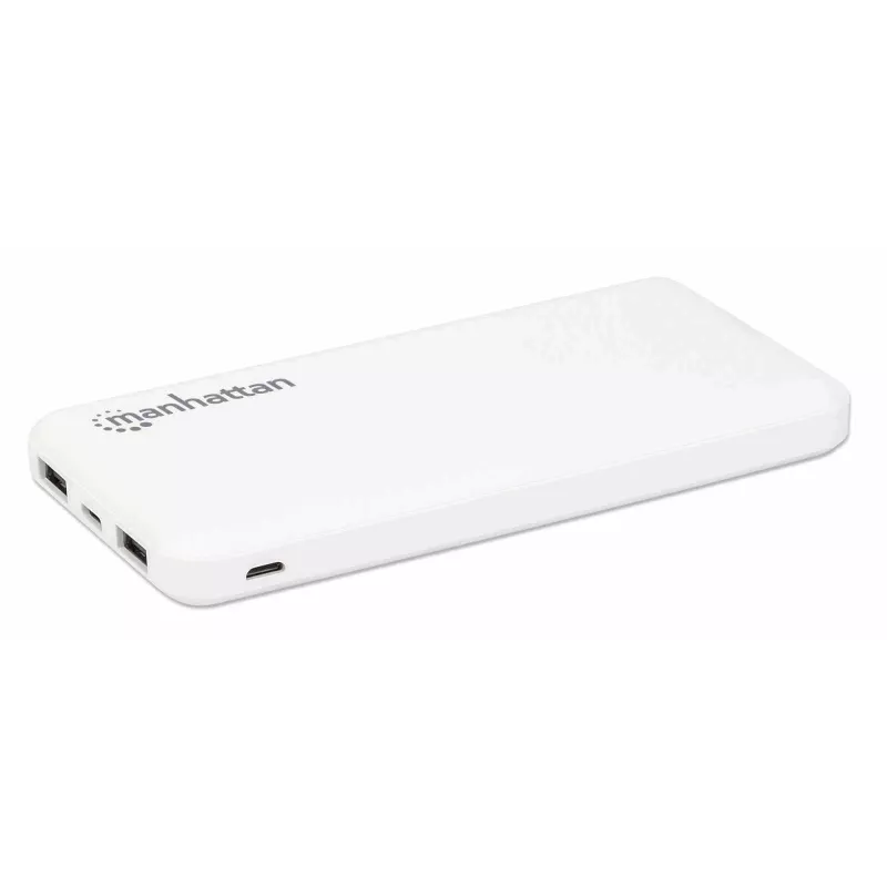 Manhattan Power Bank, 10000 mAh, Output: 2x USB-A (2.1A & 1A), Input: USB-C & Micro-USB (both 2A), White, One Year Warranty