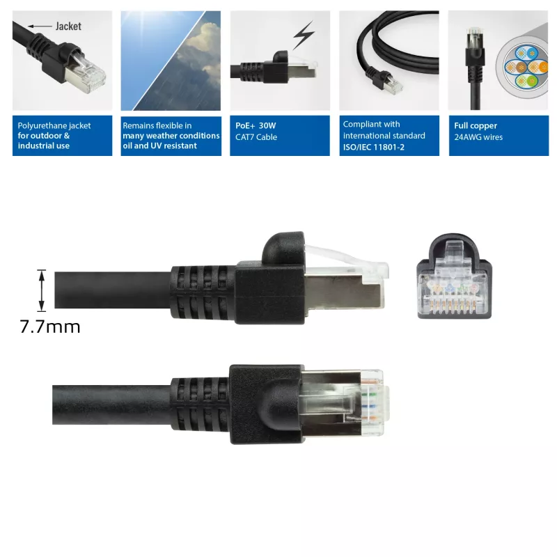 ACT Black 7 meters S/FTP CAT7 PUR flex patch cable snagless with RJ45 connectors (CAT6A compliant)