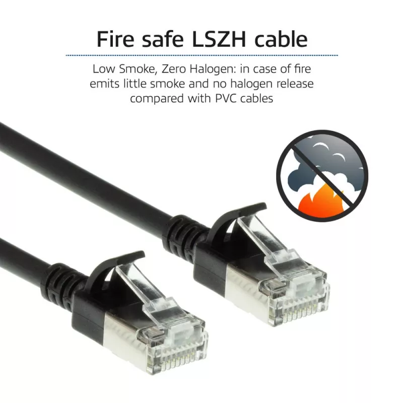 ACT Black 10 meter LSZH U/FTP CAT6A datacenter slimline patch cable snagless with RJ45 connectors