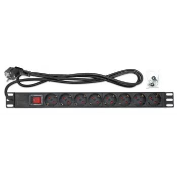 Intellinet 19 inch 1U Rackmount 8-Output Power Distribution Unit (PDU), EU CEE 7/3 Outlets, Built-in 2m Power Cord with EU CEE 7/7 Plug, 16 A, On/Off Switch, Horizontal Mount, Aluminum, Black