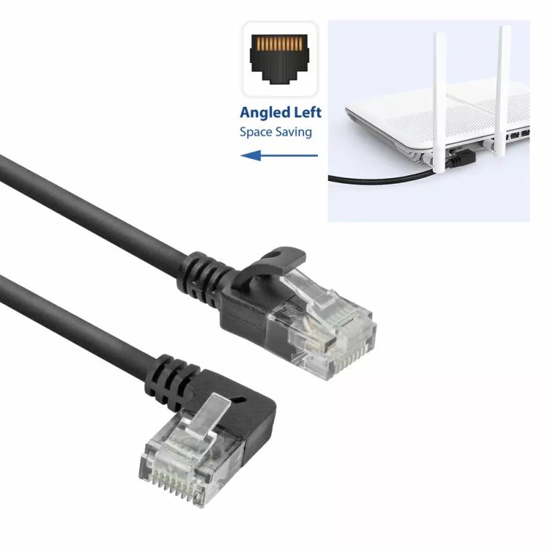 ACT Black 2 meters U/UTP CAT6A LSZH Slimline patch cable with RJ45 connectors 90° angled left to straight