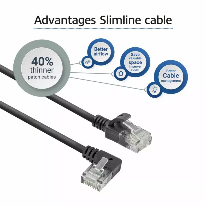 ACT Black 5 meters U/UTP CAT6A LSZH Slimline patch cable with RJ45 connectors 90° angled left to straight