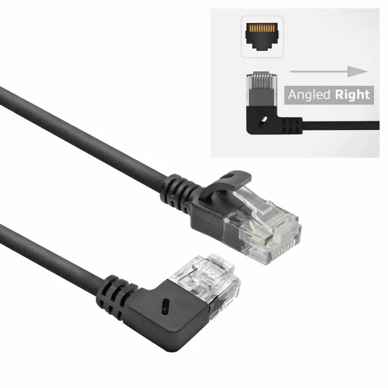 ACT Black 1 meter U/UTP CAT6A LSZH Slimline patch cable with RJ45 connectors 90° angled right to straight