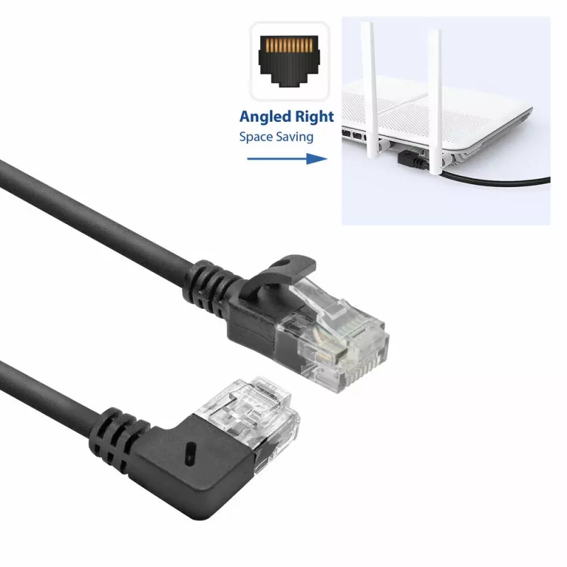 ACT Black 1 meter U/UTP CAT6A LSZH Slimline patch cable with RJ45 connectors 90° angled right to straight