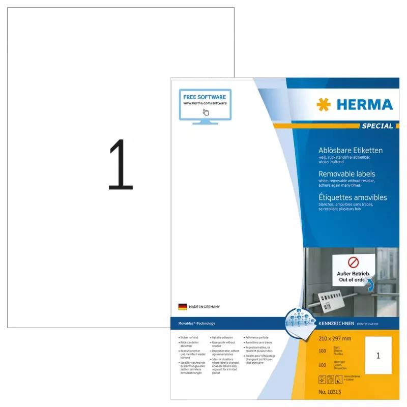 Removable labels HERMA 10315 A4 210x297 mm white Movables