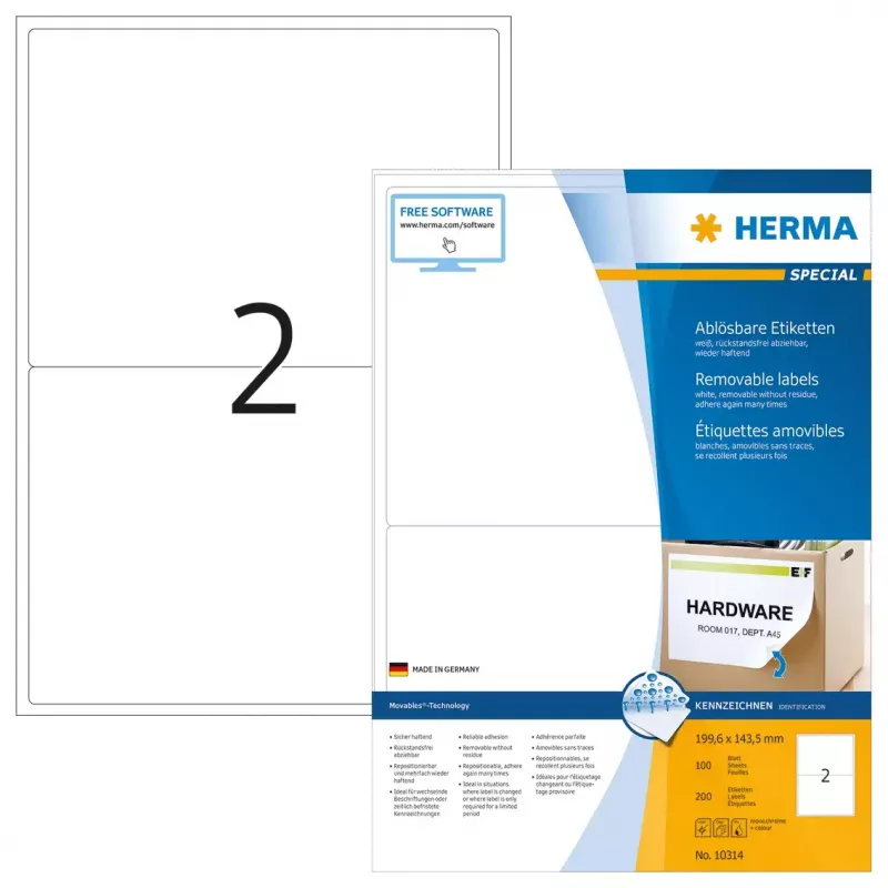 Removable labels HERMA 10314 A4 199.6x143.5 mm