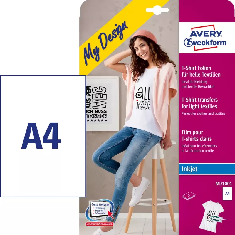 Clothing transfer inkjet sheets Avery Zweckform MD1001 — polypropylene A4 210×297 mm, white, light colours, pack of 5