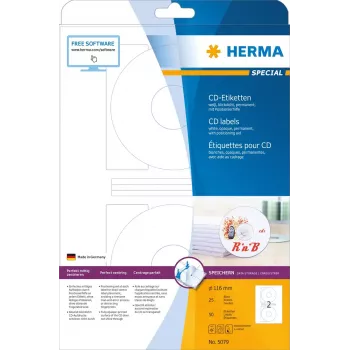 CD labels HERMA A4 Ø 116 mm white paper matt opaque 50 pcs
