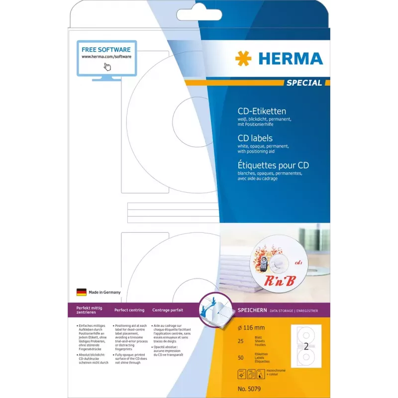 CD labels HERMA A4 Ø 116 mm white paper matt opaque 50 pcs