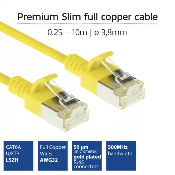 ACT Yellow 5 meter LSZH U/FTP CAT6A datacenter slimline patch cable snagless with RJ45 connectors