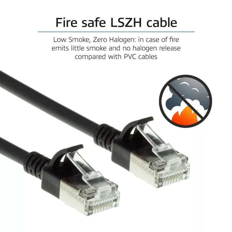 ACT Black 3 meter LSZH U/FTP CAT6A datacenter slimline patch cable snagless with RJ45 connectors