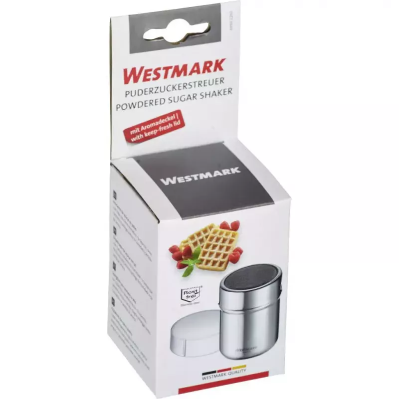 Sugar dispenser Westmark 69502260 — round stainless steel housing with polypropylene components, 62×62×82 mm