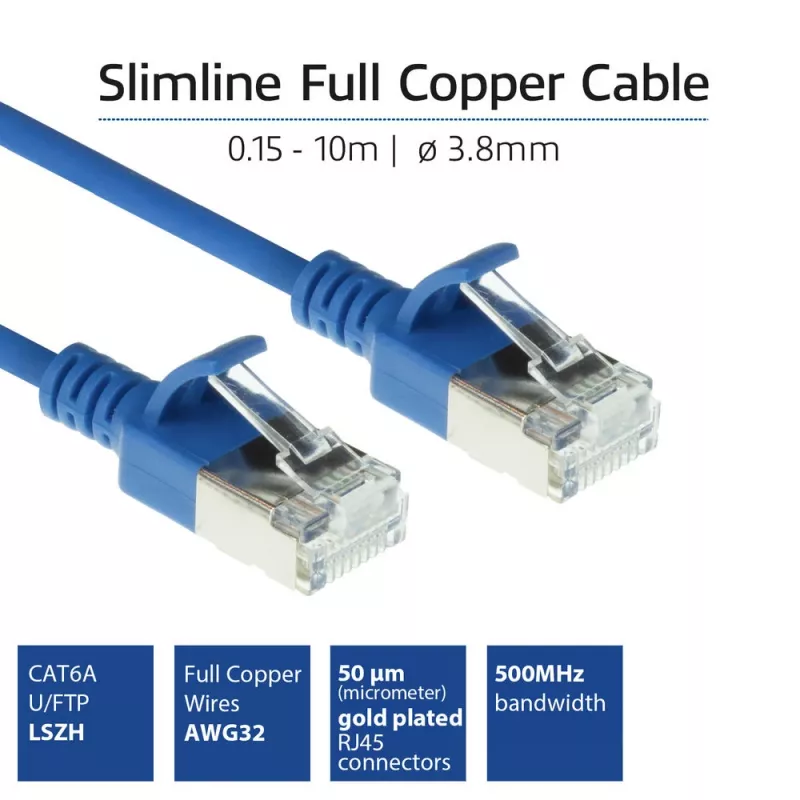 ACT Blue 10 meter LSZH U/FTP CAT6A datacenter slimline patch cable snagless with RJ45 connectors