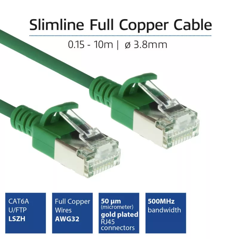 ACT Green 10 meter LSZH U/FTP CAT6A datacenter slimline patch cable snagless with RJ45 connectors