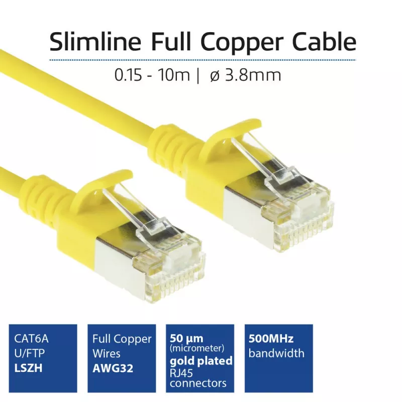 ACT Yellow 7 meter LSZH U/FTP CAT6A datacenter slimline patch cable snagless with RJ45 connectors