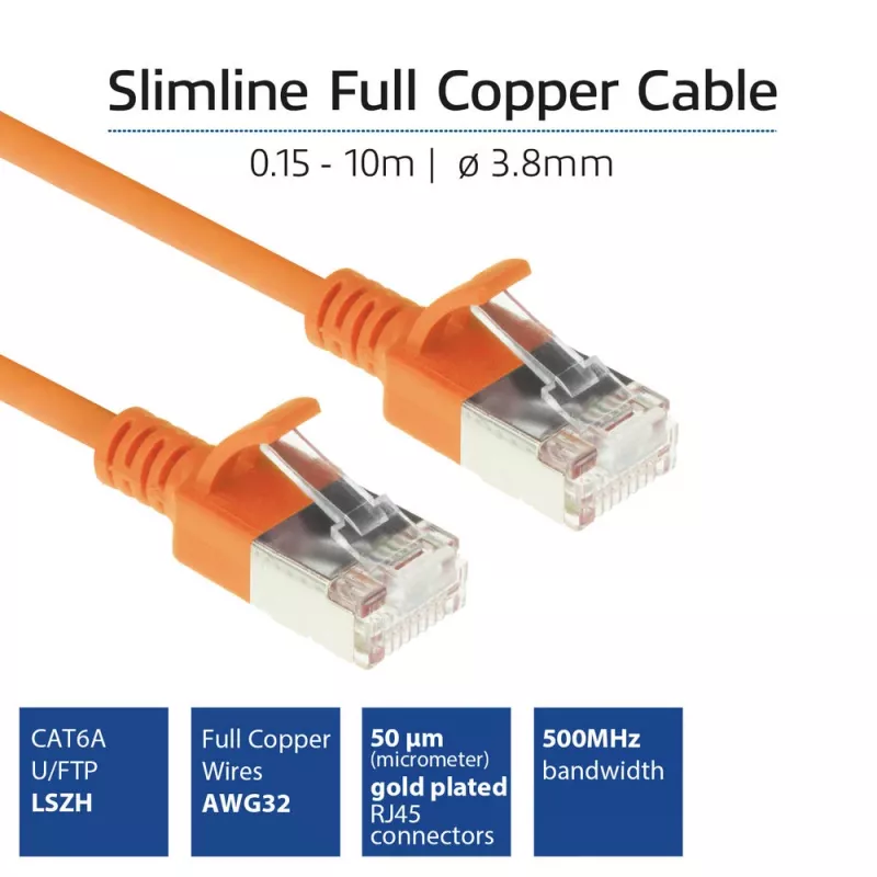ACT Orange 2 meter LSZH U/FTP CAT6A datacenter slimline patch cable snagless with RJ45 connectors