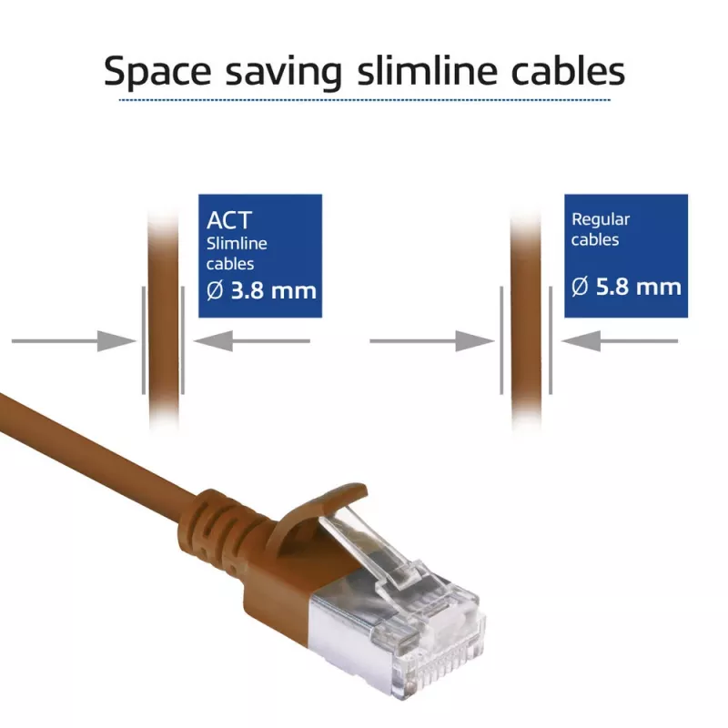 ACT Brown 1 meter LSZH U/FTP CAT6A datacenter slimline patch cable snagless with RJ45 connectors