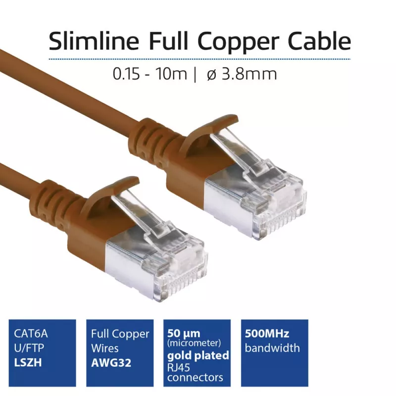 ACT Brown 0.25 meter LSZH U/FTP CAT6A datacenter slimline patch cable snagless with RJ45 connectors