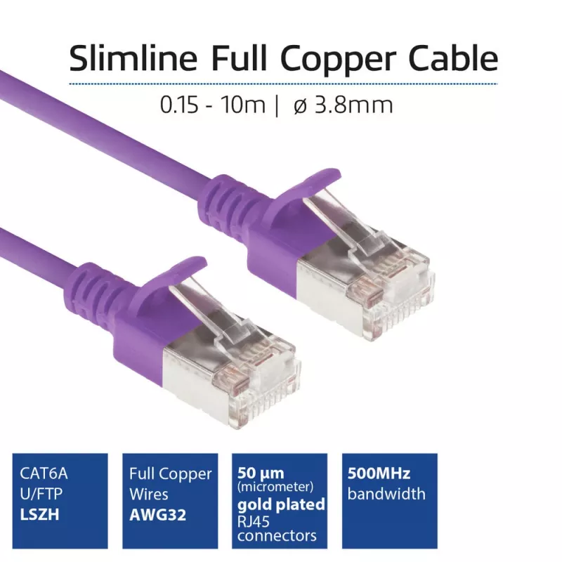 ACT Purple 10 meter LSZH U/FTP CAT6A datacenter slimline patch cable snagless with RJ45 connectors