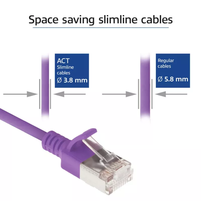 ACT Purple 10 meter LSZH U/FTP CAT6A datacenter slimline patch cable snagless with RJ45 connectors