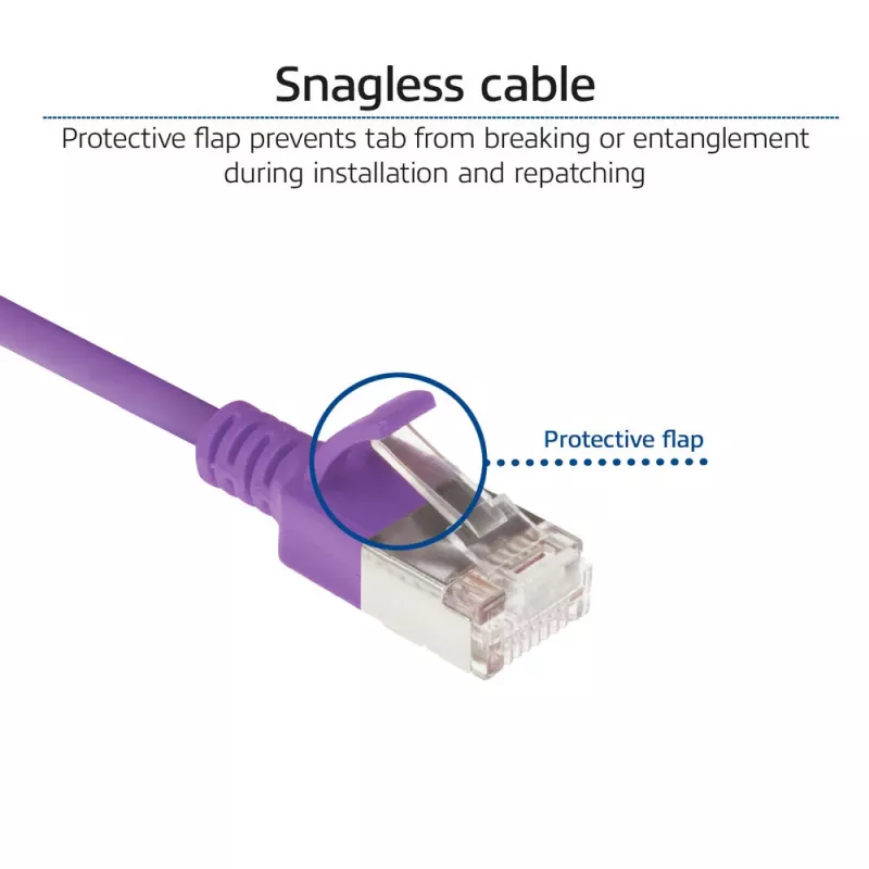 ACT Purple 10 meter LSZH U/FTP CAT6A datacenter slimline patch cable snagless with RJ45 connectors