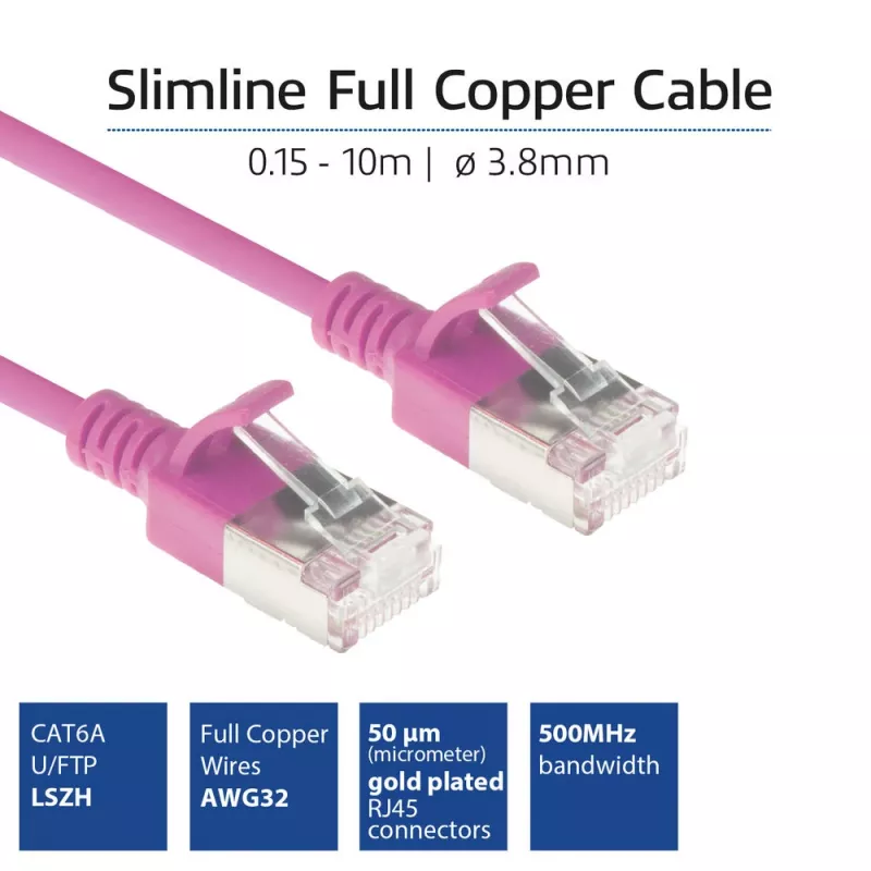 ACT Pink 1 meter LSZH U/FTP CAT6A datacenter slimline patch cable snagless with RJ45 connectors