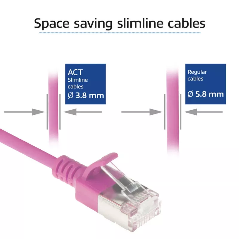 ACT Pink 10 meter LSZH U/FTP CAT6A datacenter slimline patch cable snagless with RJ45 connectors