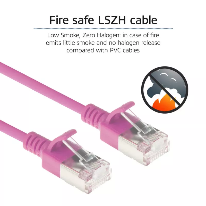 ACT Pink 10 meter LSZH U/FTP CAT6A datacenter slimline patch cable snagless with RJ45 connectors