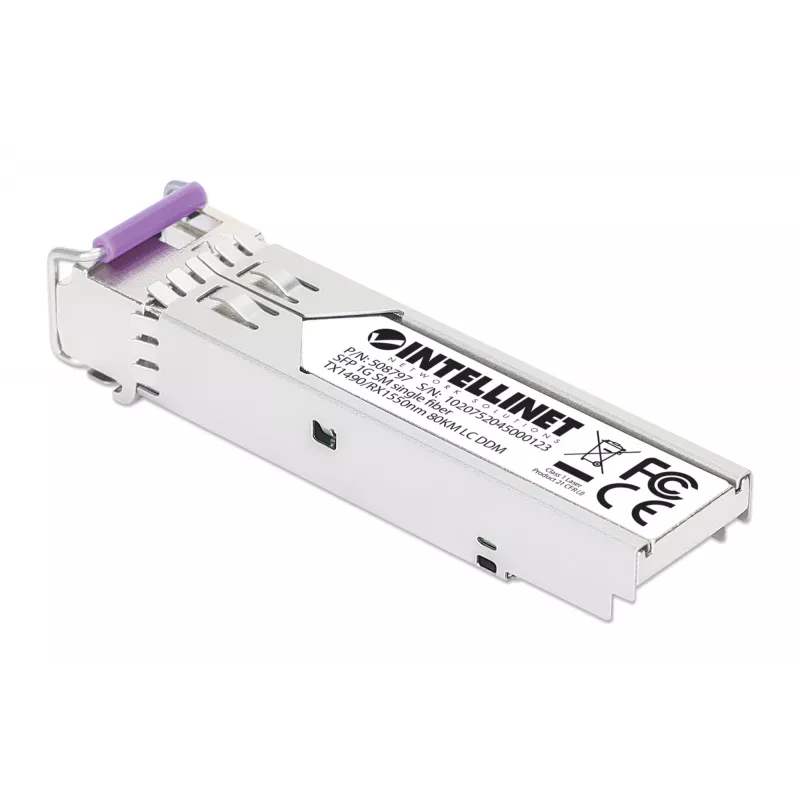 Intellinet Gigabit Fiber WDM Bi-Directional SFP Optical Transceiver Module 1000Base-BX-U (LC) Single-Mode Port, 80 km (50 mi.), BiDi WDM (RX1550/TX1490), MSA-compliant for Maximum Compatibility, Silver