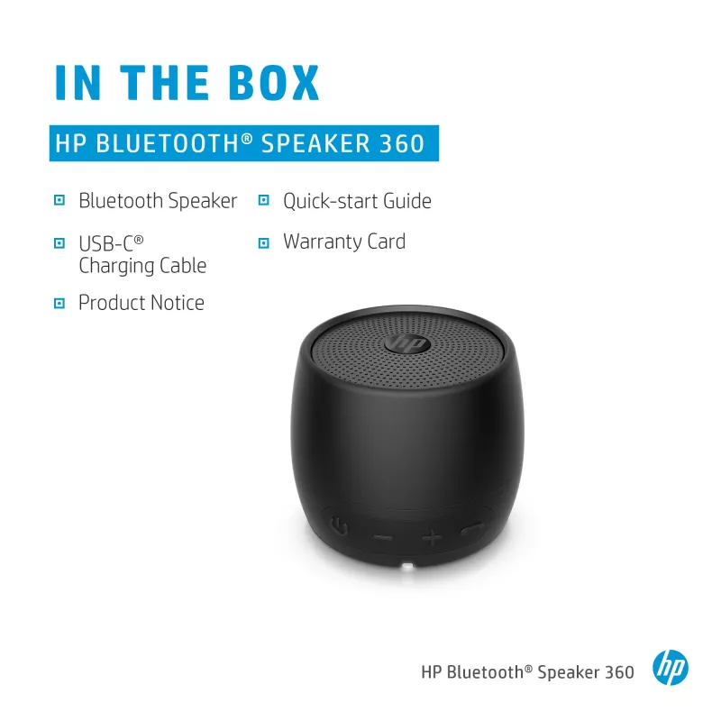 HP Black Bluetooth Speaker 360, Wired & Wireless, Mono portable speaker, Black, Cylinder, Buttons, Universal