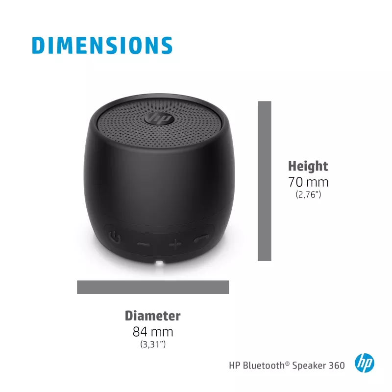 HP Black Bluetooth Speaker 360, Wired & Wireless, Mono portable speaker, Black, Cylinder, Buttons, Universal
