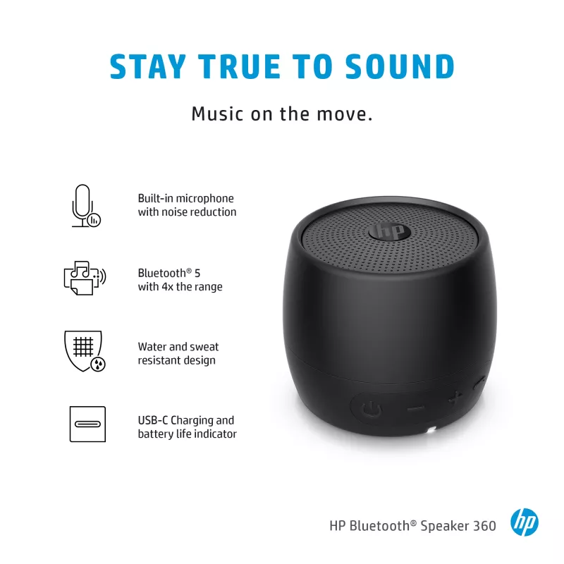 HP Black Bluetooth Speaker 360, Wired & Wireless, Mono portable speaker, Black, Cylinder, Buttons, Universal