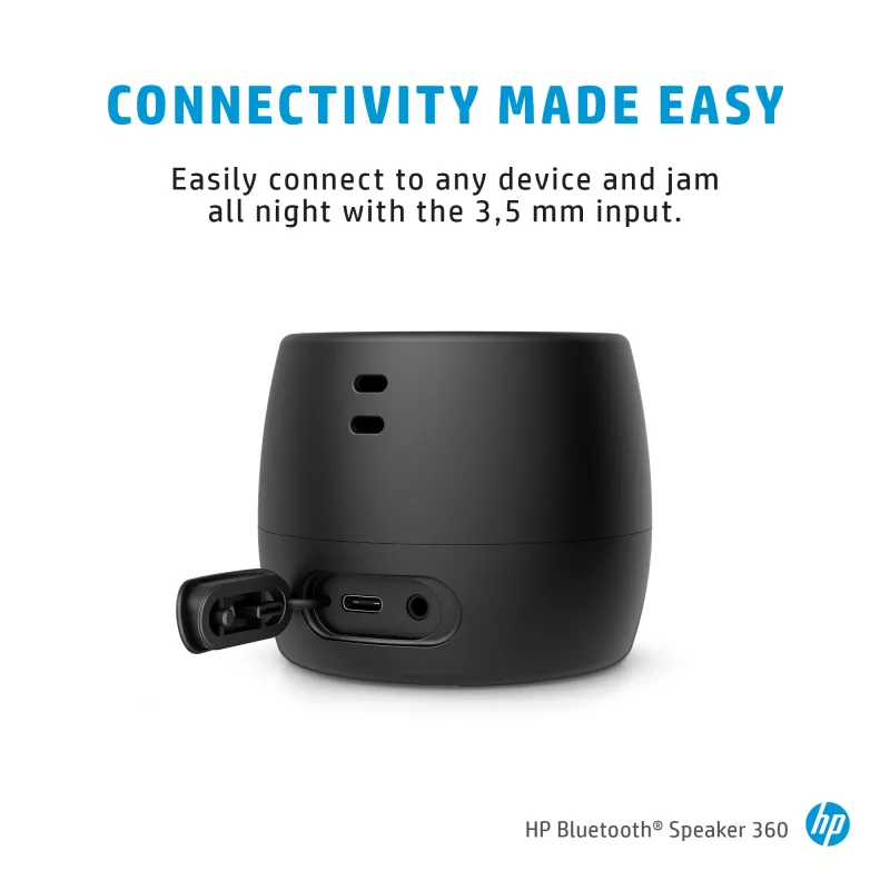 HP Black Bluetooth Speaker 360, Wired & Wireless, Mono portable speaker, Black, Cylinder, Buttons, Universal
