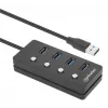 Manhattan USB-C Dock/Hub, Ports (x4) with on/off switch for each port: USB-A (x4), 5 Gbps (USB 3.2 Gen1 aka USB 3.0), Universal for all devices, Bus or AC powered (optional jack, not included), Cable 1.5m, SuperSpeed USB, Black, Three Year Warranty
