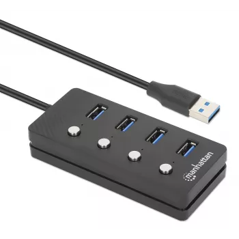 Manhattan USB-C Dock/Hub, Ports (x4) with on/off switch for each port: USB-A (x4), 5 Gbps (USB 3.2 Gen1 aka USB 3.0), Universal for all devices, Bus or AC powered (optional jack, not included), Cable 1.5m, SuperSpeed USB, Black, Three Year Warranty