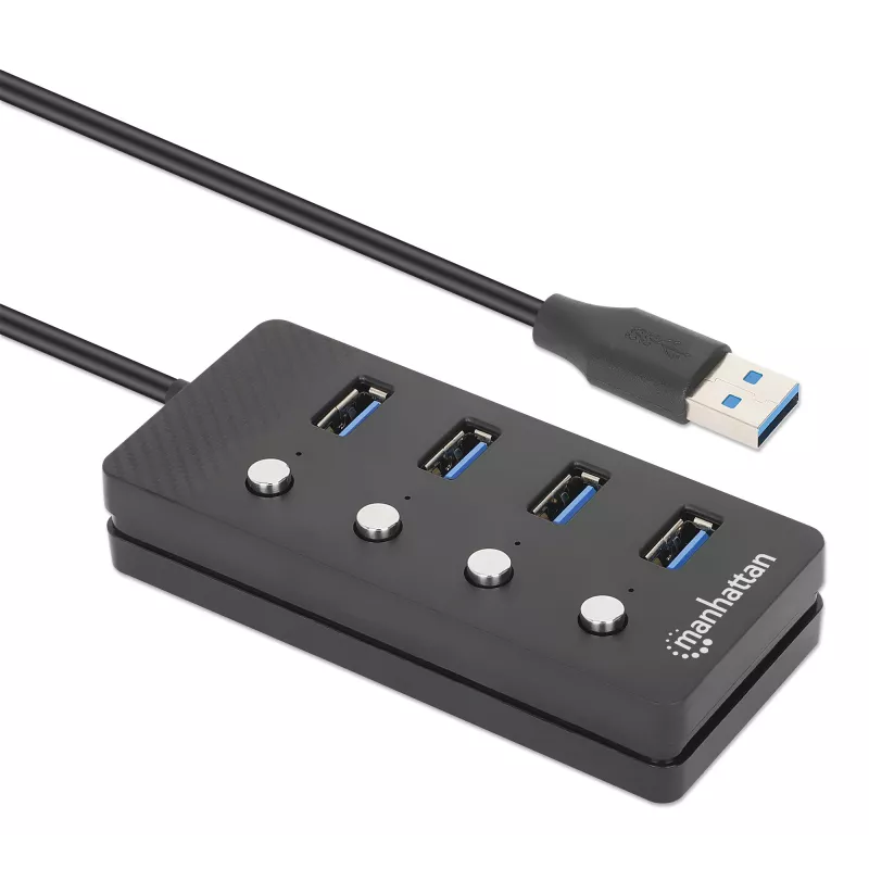 Manhattan USB-C Dock/Hub, Ports (x4) with on/off switch for each port: USB-A (x4), 5 Gbps (USB 3.2 Gen1 aka USB 3.0), Universal for all devices, Bus or AC powered (optional jack, not included), Cable 1.5m, SuperSpeed USB, Black, Three Year Warranty